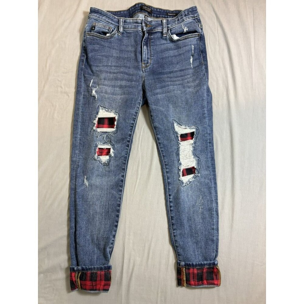 Judy Blue Skinny Fit Jeans Women's 11/30 Blue Red Plaid Patches Distressed Denim